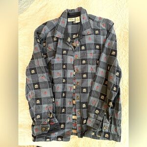 Vtg CJ Banks Button Up Patterned Long Sleeve, size L, Blue